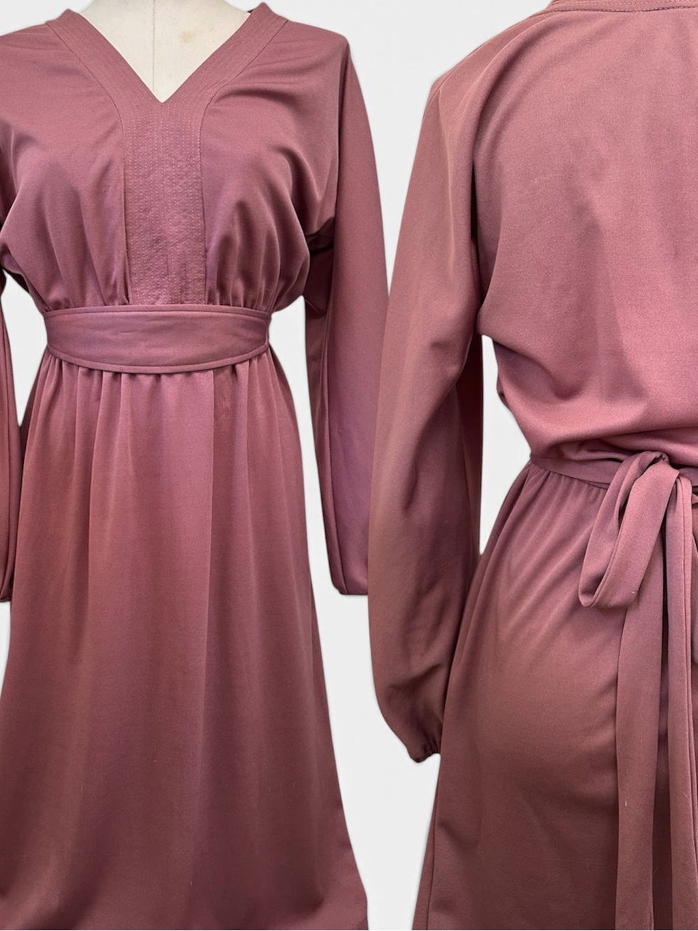 Vintage Matti of Lynne Rose V-Neck Long Sleeve Belted Dress